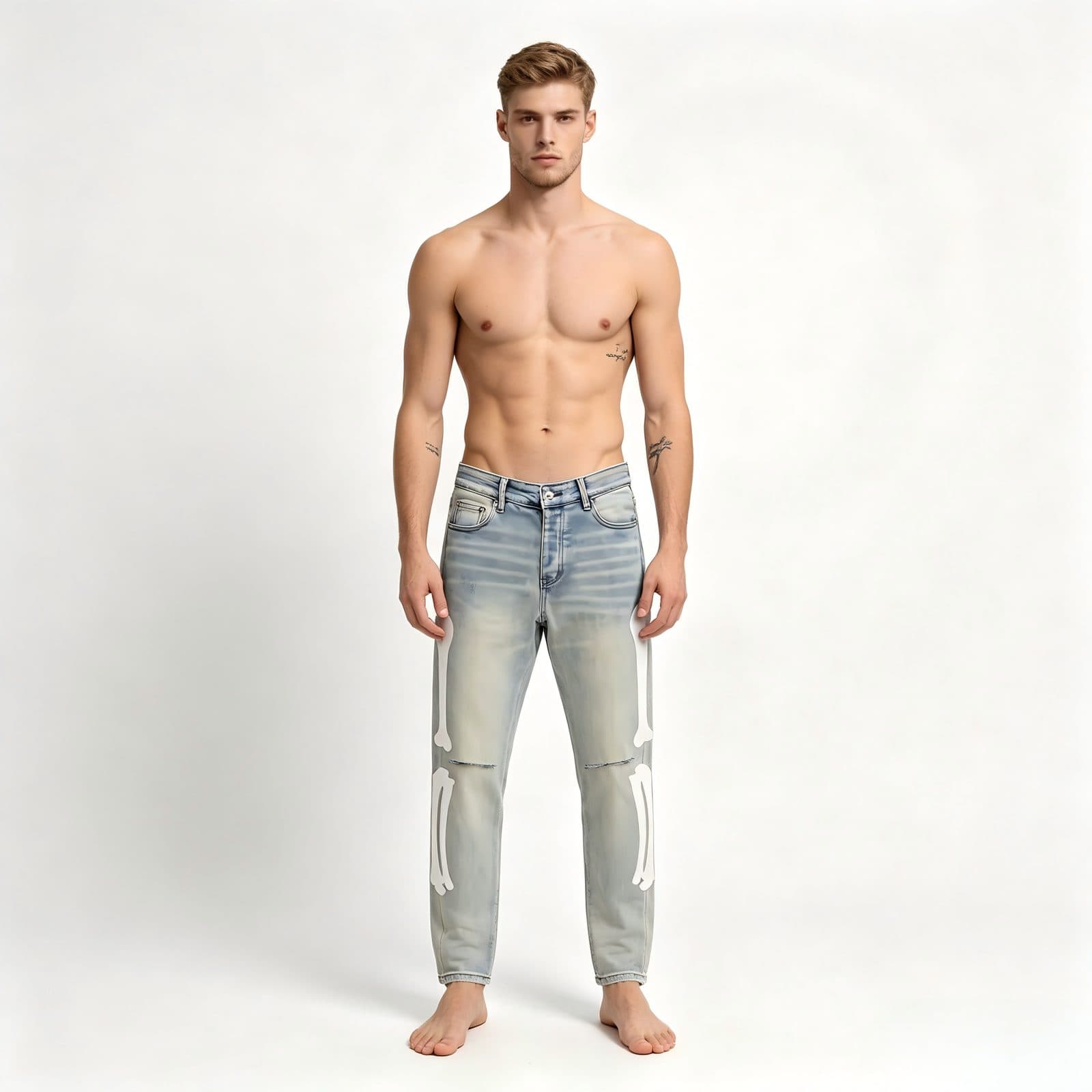 GorgeousBen Men's Vintage Washed Skeleton Print Slim Denim Pants